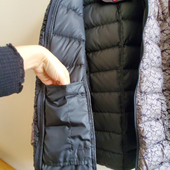 Betsey Johnson brown floral lace print down winter coat with detachable hood, M - Picture 5 of 15